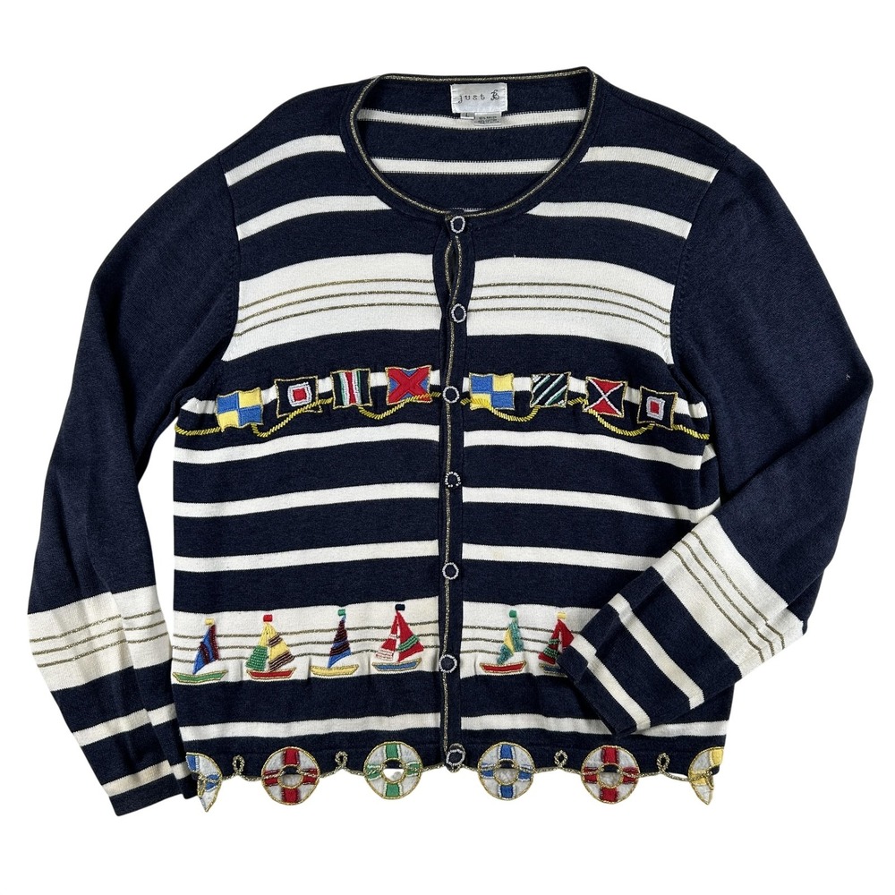 Vintage Just B Cardigan Sweater‎ Womens Large Striped Nautical Boats Beaded Hem